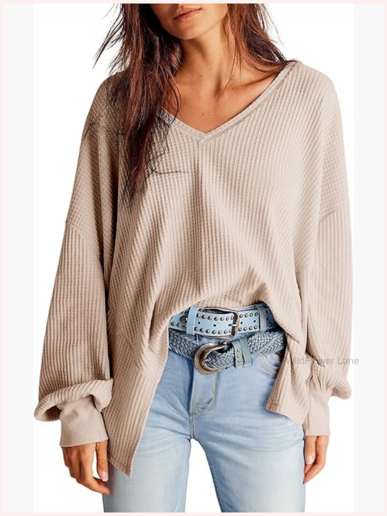 Waffle Knit Long Lantern Sleeve V Neck Oversized T Shirt